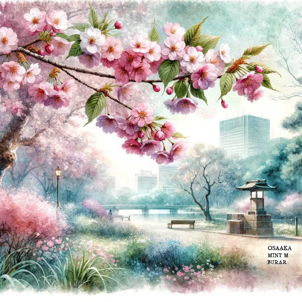 大阪造幣局の桜の全盛期を描いた水彩画