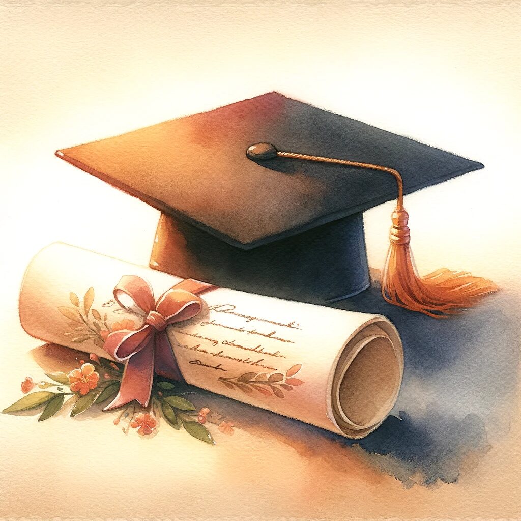 卒業帽と感動的なメッセージが書かれた卒業証書