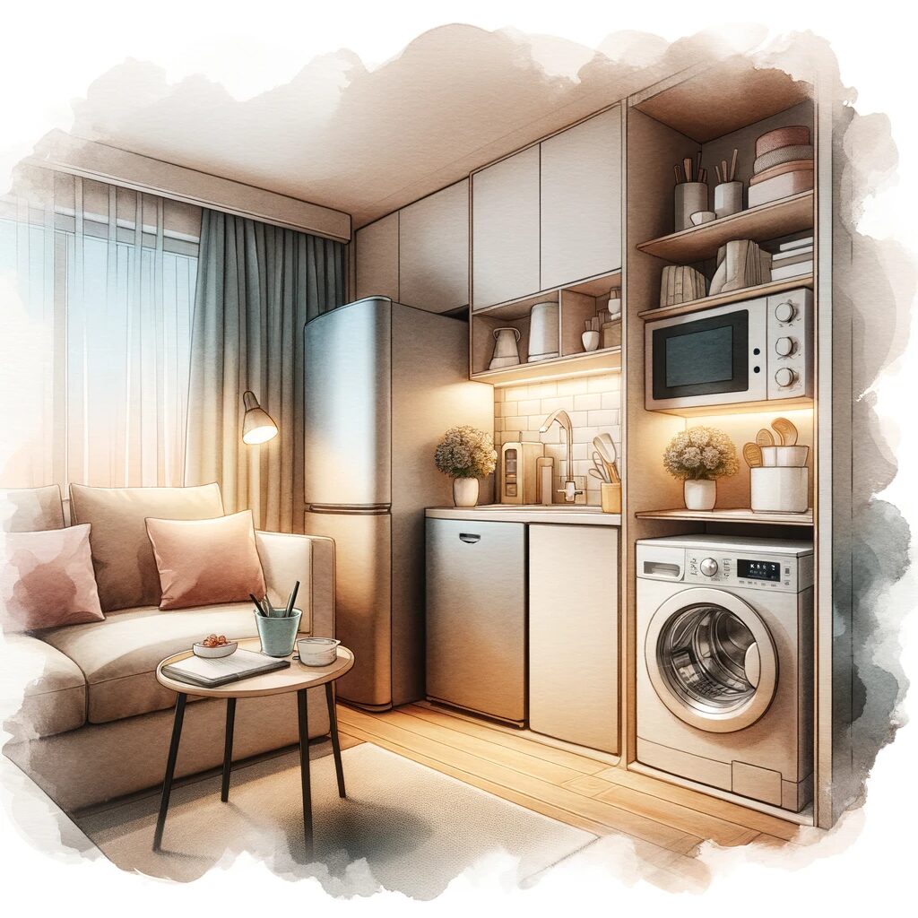 小さなアパートのリビングルームに、コンパクトでスタイリッシュな家電が配置