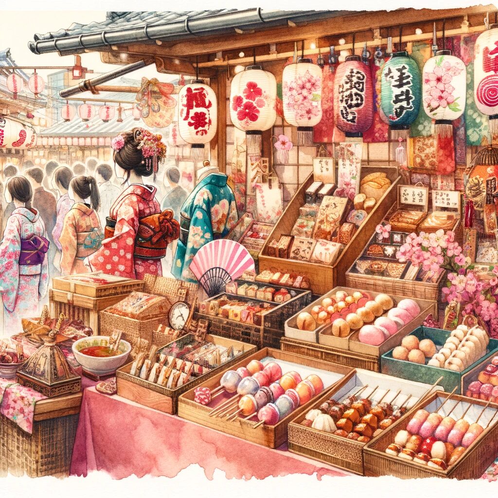 大阪造幣局の桜の季節の伝統的な日本のお土産とスナックを描いた水彩画