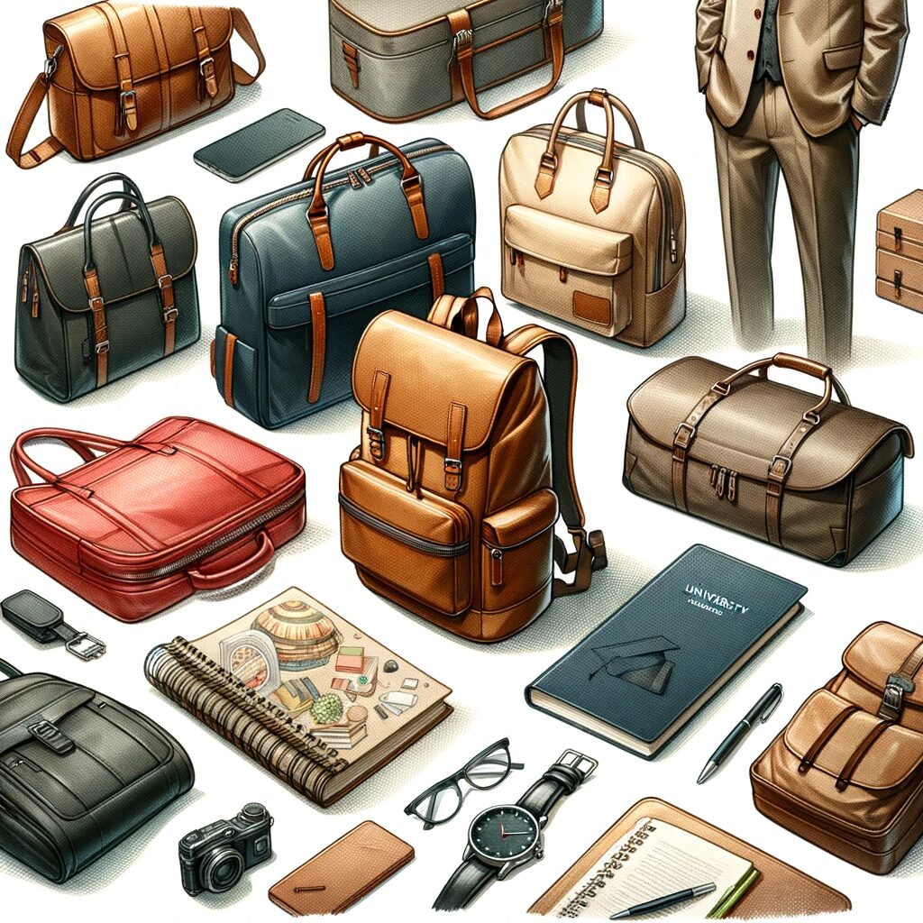 入学式、授業、就職面接など、様々な大学行事に適したバッグの種類を展示したイメージ