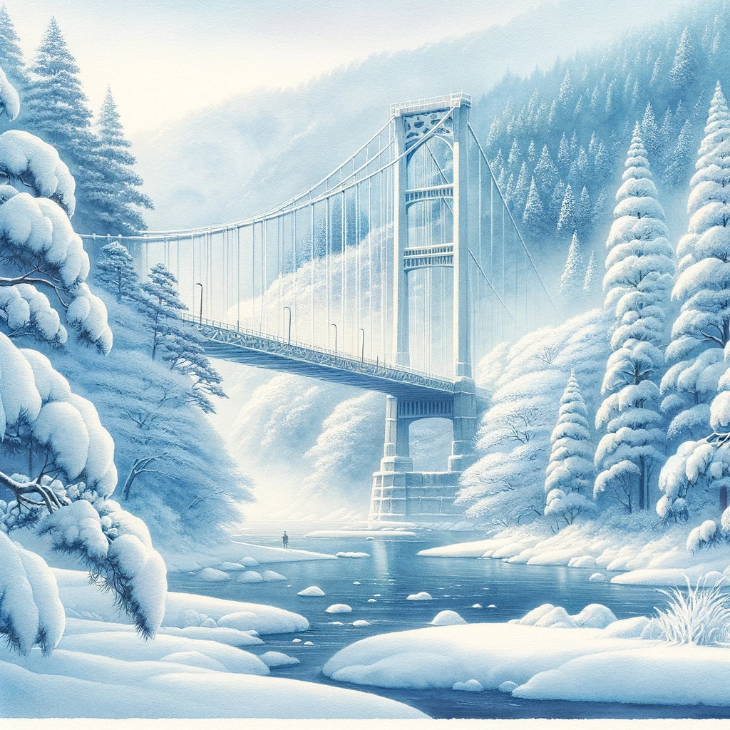 ほしだ園地の吊り橋と周囲の風景が雪で覆われている、冬の静けさを強調した水彩画。