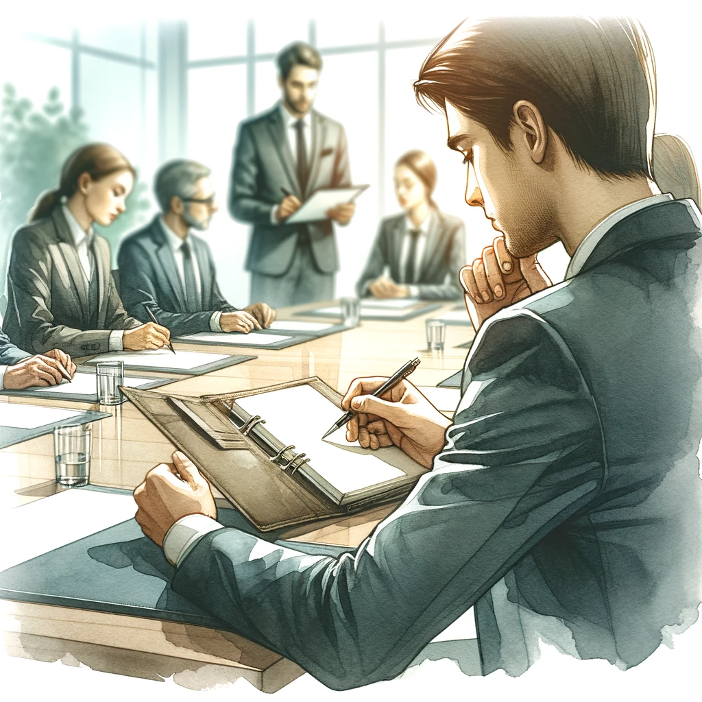 ビジネスミーティング中にメモを取る人を描いた画像