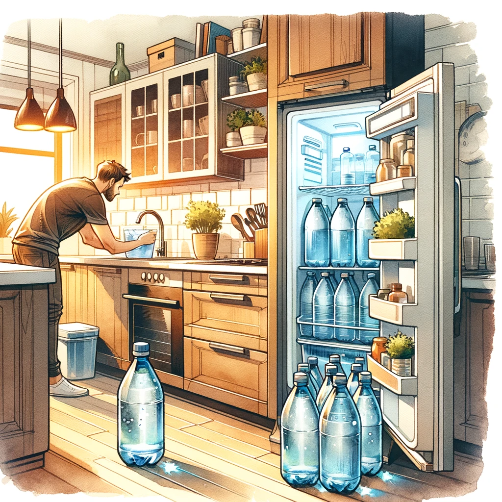 ペットボトルを凍らせる過程を描いたイメージ: キッチンで水を入れたペットボトルを凍らせる準備をしている様子が描かれ、高湿度に対抗するためのシンプルでエコフレンドリーなステップが強調されています