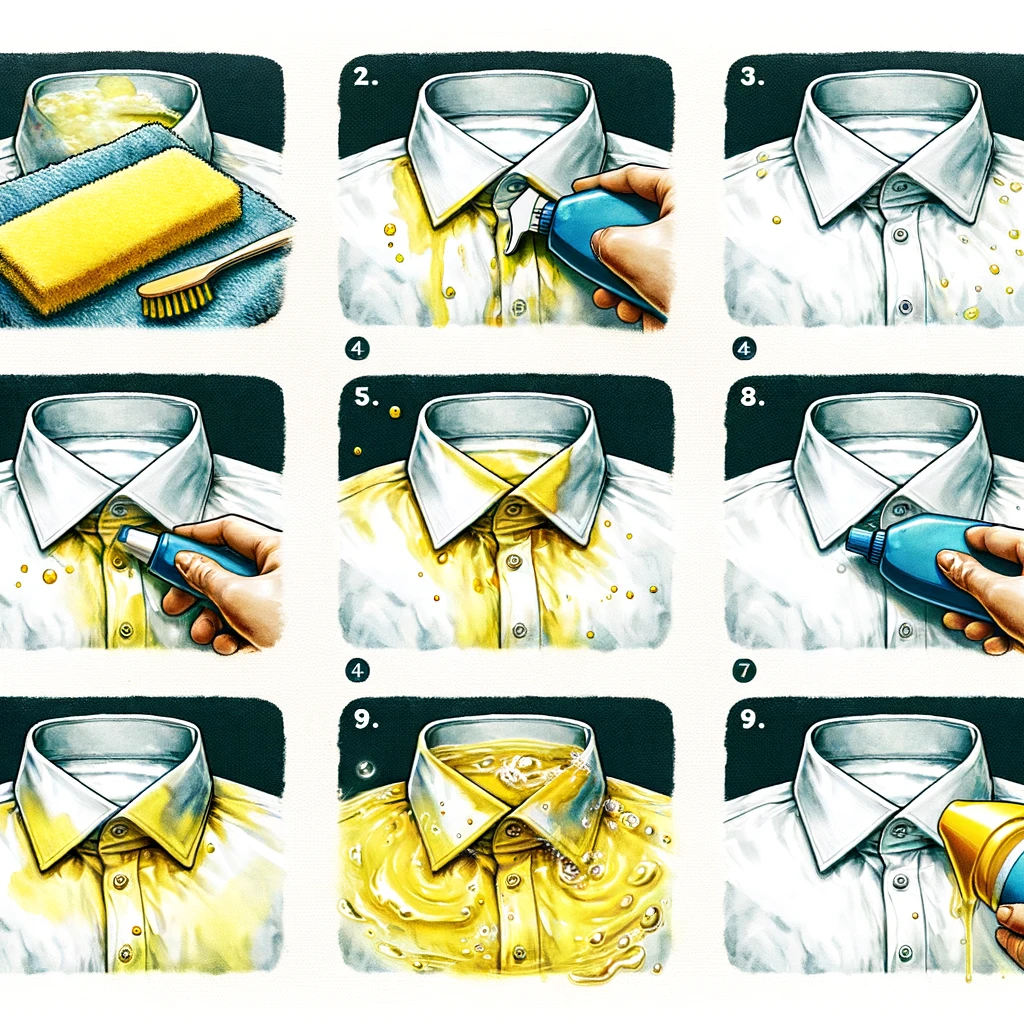 黄ばみを除去してドレスシャツの襟を元の白さに戻す過程を一歩ずつ説明するイラスト