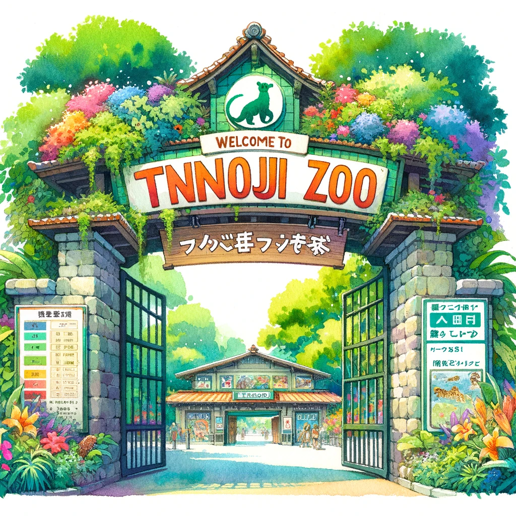 天王寺動物園の入口を歓迎する雰囲気で描いた、来園者を野生動物の世界へと誘う