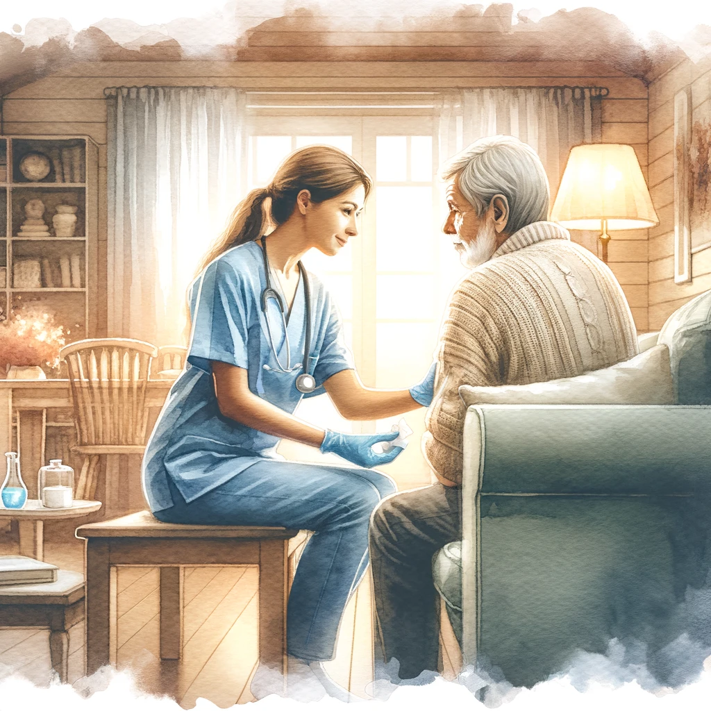 自宅で快適にケアを受ける高齢者と、その世話をするヘルスケアプロフェッショナルの優しいやり取りを描いた画像