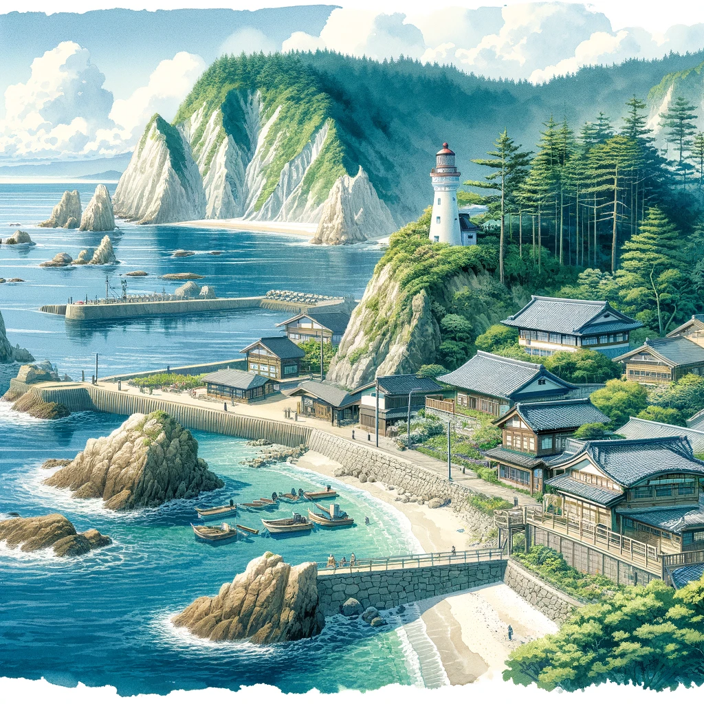 串本海岸線の風景美を捉えた絵画。近くの観光スポットや自然風景が強調されている。
