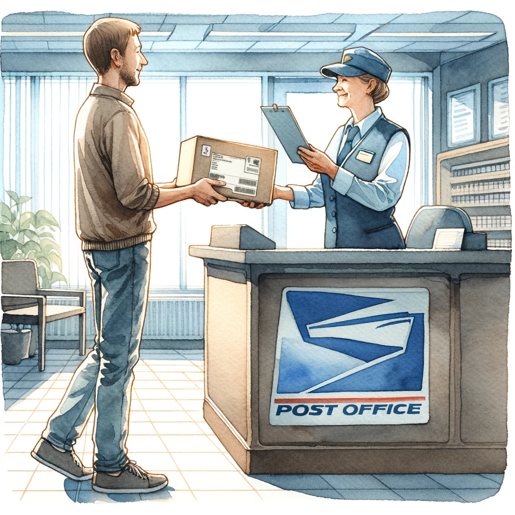 郵便局で保留されていた郵便物を受け取る人物