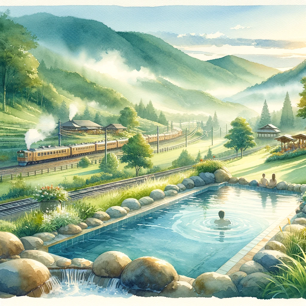 列車の旅の後の完璧なリラクゼーションを象徴するような、ハーベストヒルの穏やかな風景と近くの温泉の心地よい雰囲気を描いた静かな水彩画です。