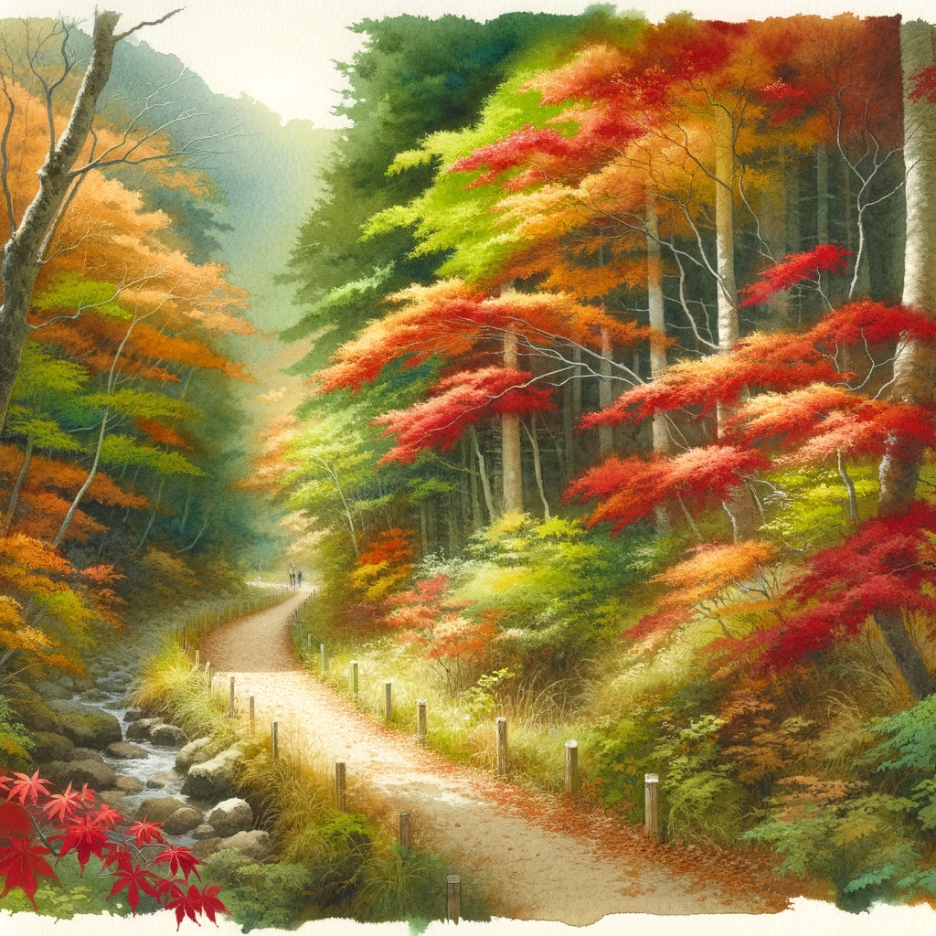 ほしだ園地のハイキングトレイル沿いの豊かな秋色を捉えた水彩画。