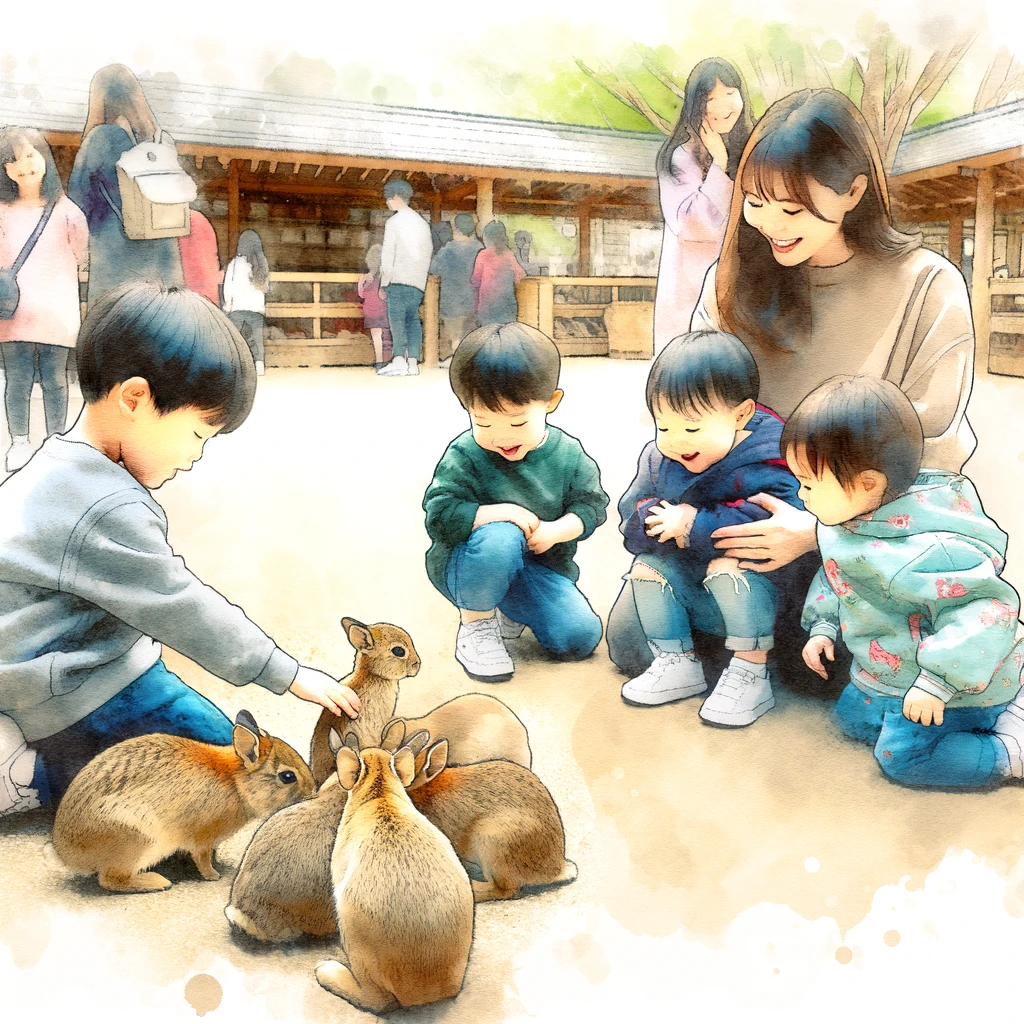  神戸アニマルキングダムでのふれあい体験をしている子供たち