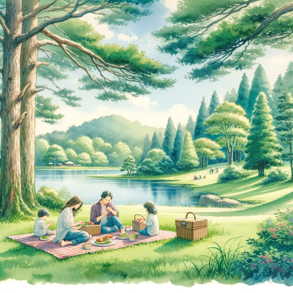 赤穂わくわくクランド内の緑豊かな公園エリアで、家族がピクニックを楽しんでいます