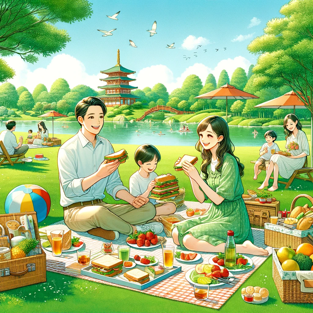 東条湖おもちゃ王国の緑豊かな公園でのピクニック