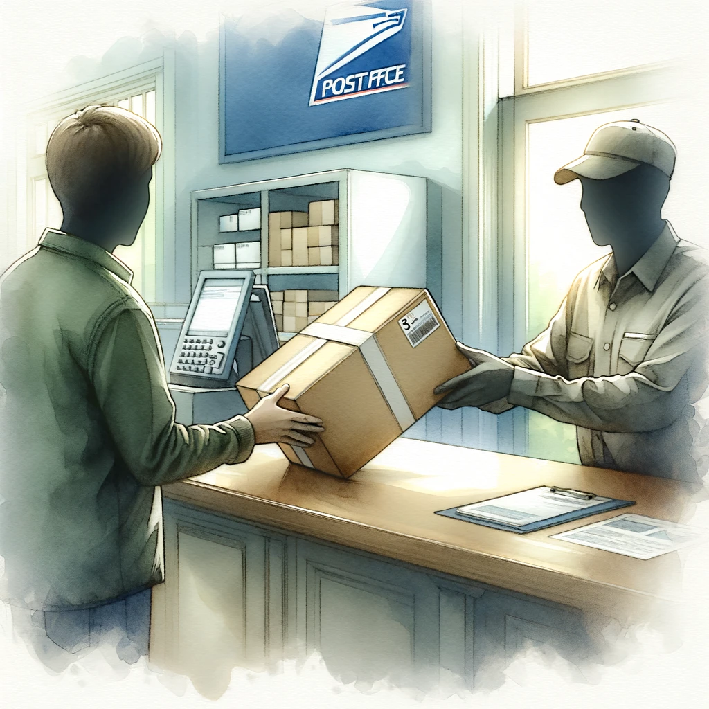 郵便局のカウンターで荷物を手渡している人物