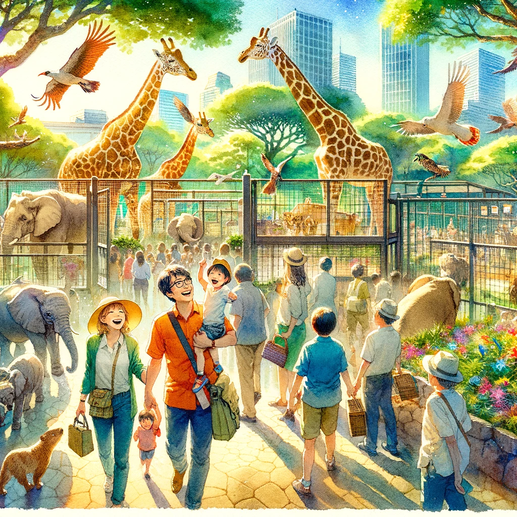 家族が天王寺動物園を探検し、多様な動物たちと共に楽しむ様子