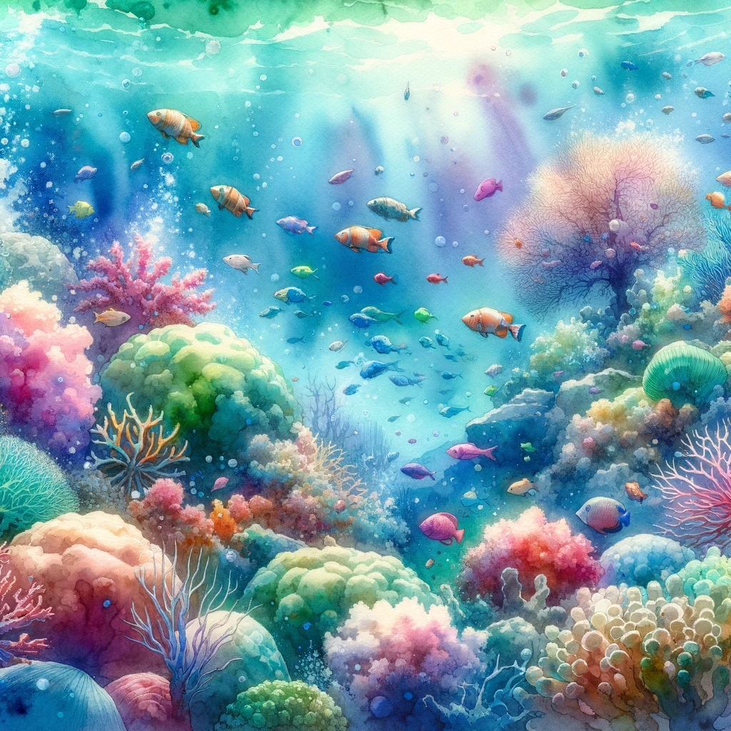 串本海中公園の鮮やかな水中世界を表現した絵画。色とりどりのサンゴ礁と熱帯魚が描かれている。
