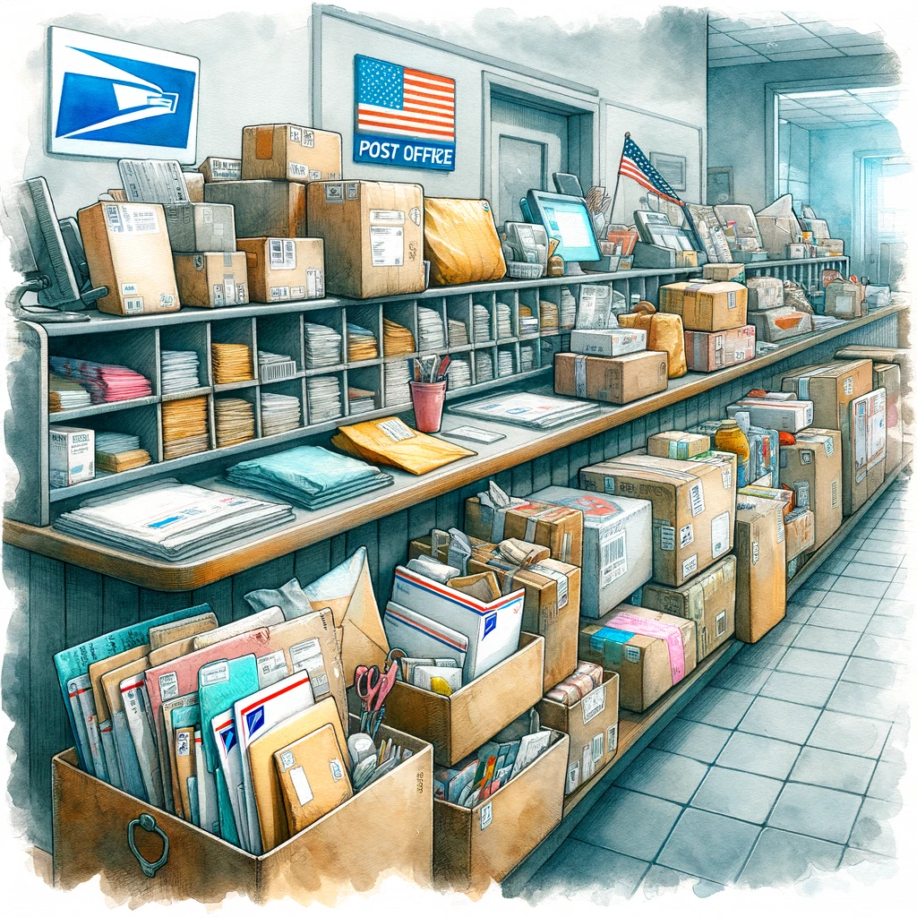 郵便局のカウンターに整然と並べられた様々な荷物