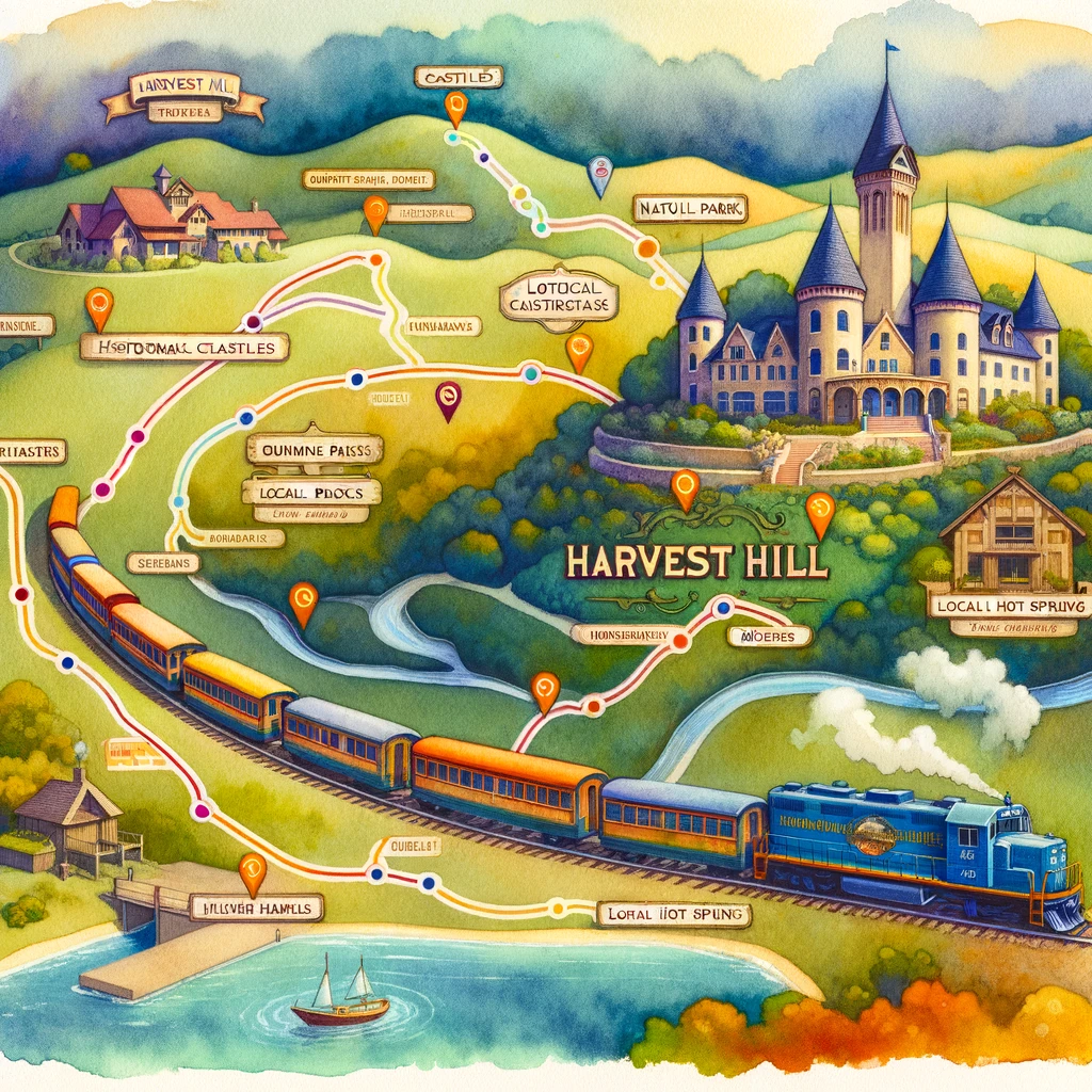  列車のルートを通じてハーベストヒルへと導くスタイリッシュな水彩画マップで、城、公園、グルメスポット、博物館、温泉などの主要な観光スポットをマークしています。