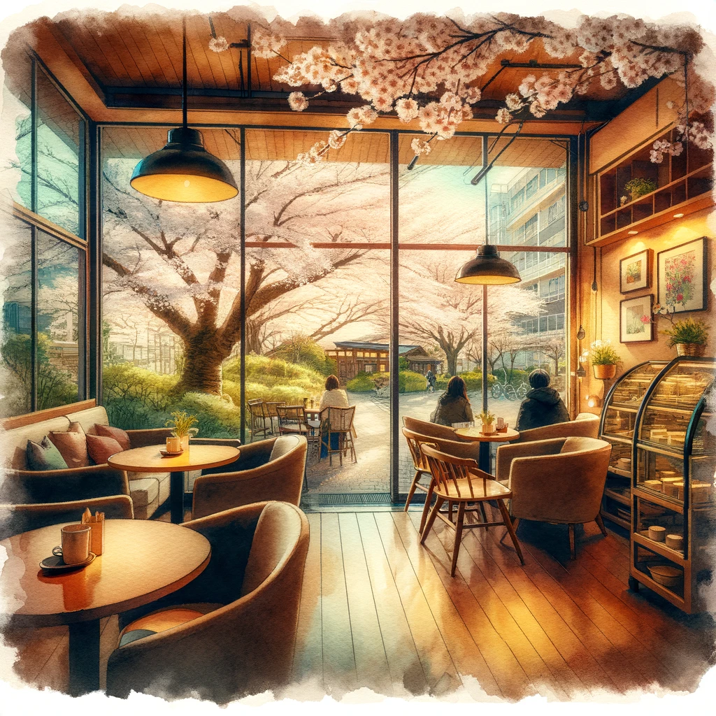 桜の季節の神戸市の王子公園近くの居心地の良いカフェの風景