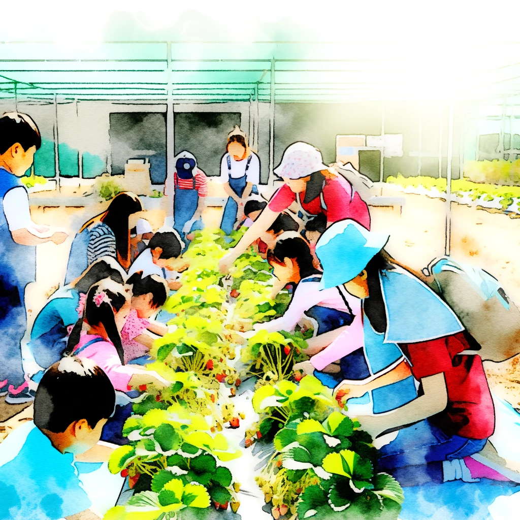 イチゴ栽培を学ぶ子どもたち