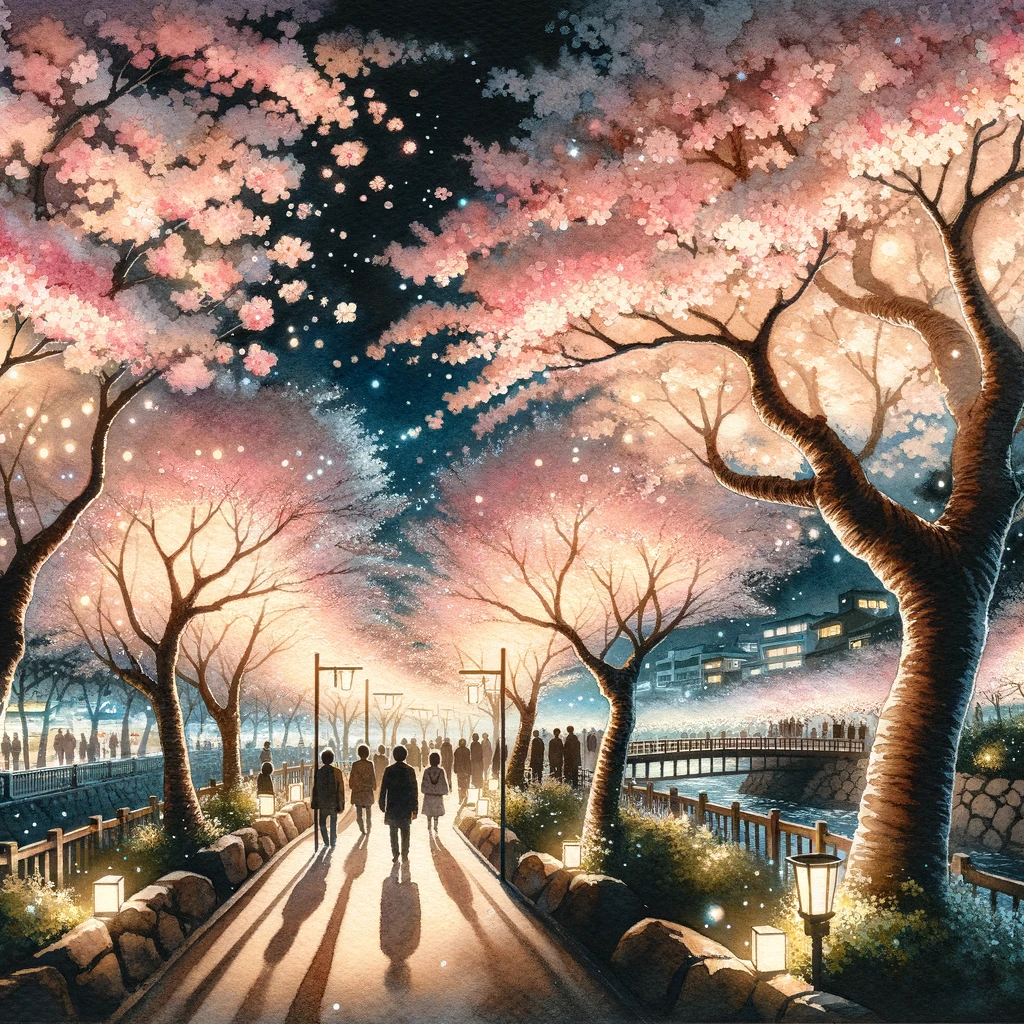 神戸市の王子公園での夜桜の魔法のような雰囲気