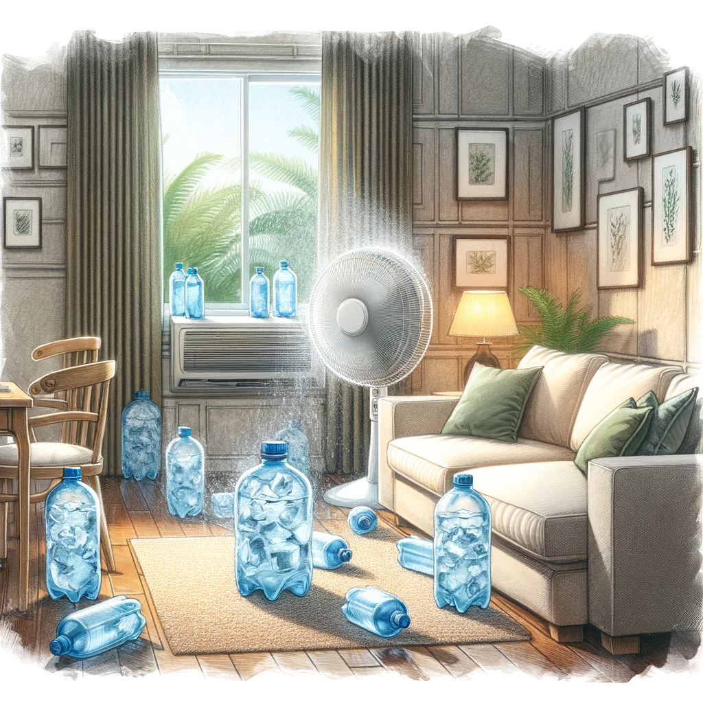 凍ったペットボトルを使用して快適で乾燥した室内環境を作り出す効果を捉えたイメージ: 凍ったペットボトルが戦略的に配置され、ファンが冷たい空気を循環させることで、湿度の高い夏の月でも快適に過ごすヒントを提供しています
