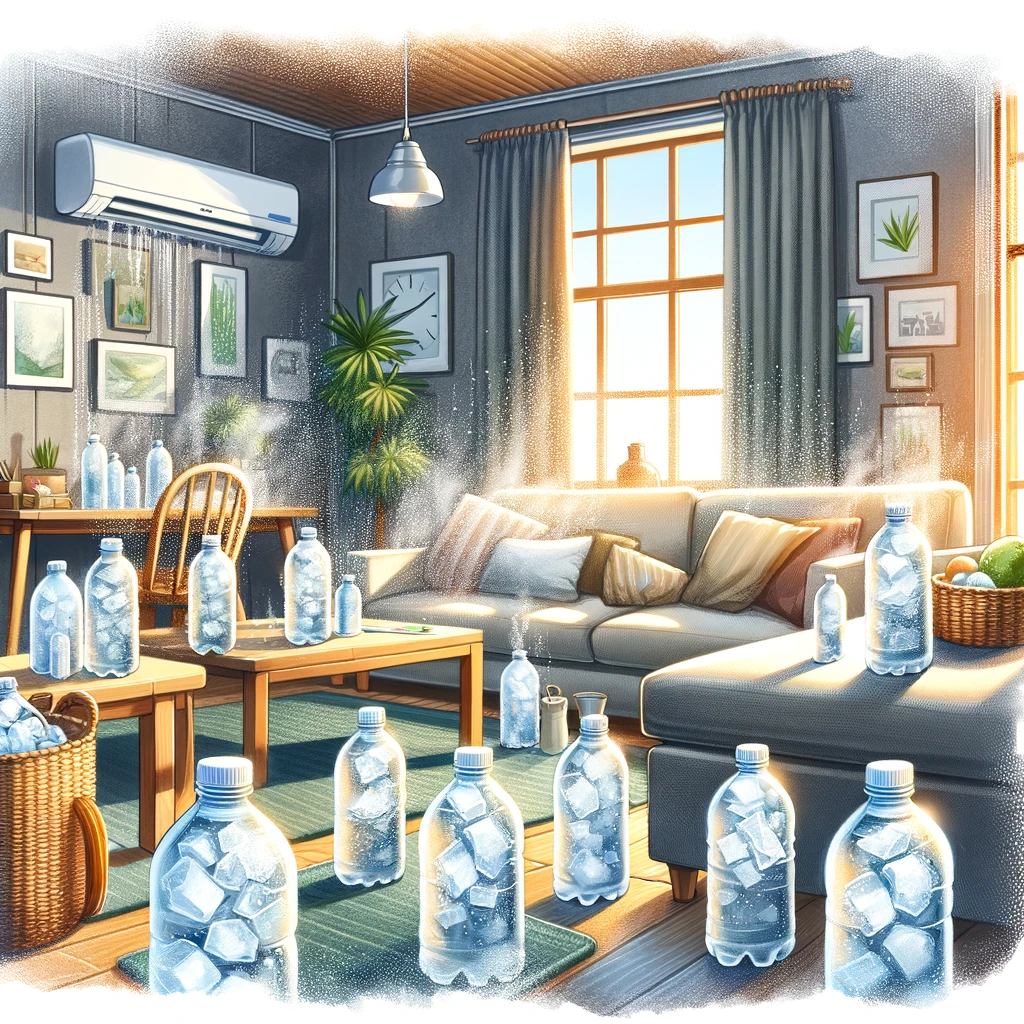 湿度を下げる方法のイメージ: 湿気が見えるほどの居間に、様々な場所に配置された凍ったペットボトルが特徴的な、快適な生活環境を維持するためのエコフレンドリーで経済的な方法を示しています