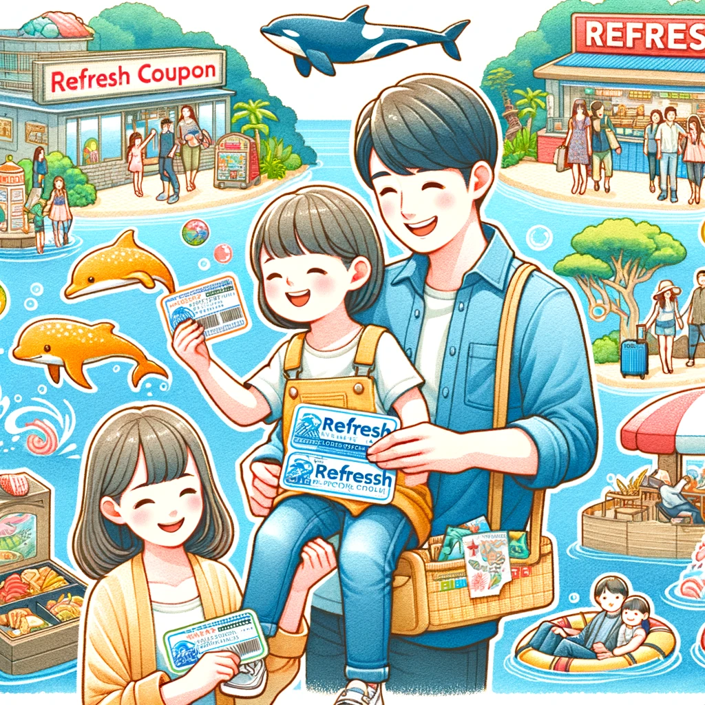 串本海中公園を楽しむ家族がリフレッシュクーポンを使用している様子を表した絵画。節約と楽しみが伝わる。