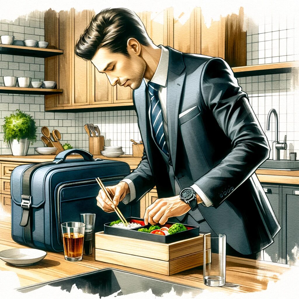 スーツとネクタイを着たビジネスマンが、スタイリッシュで現代的なキッチンで効率的に弁当を準備