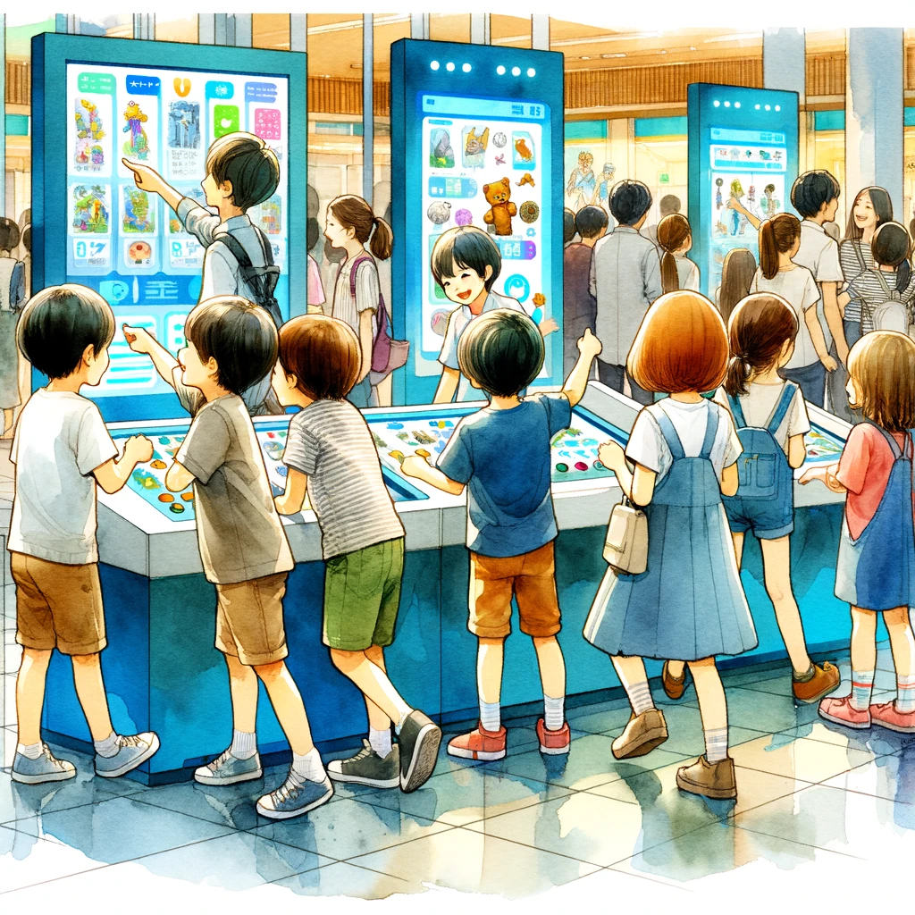 東京国立博物館でインタラクティブな展示に触れる子供たち: 子供たちが様々なインタラクティブな展示に触れて学ぶ様子を描いています。教育的でありながら楽しい体験が、水彩画の柔らかな色合いで表現されています。