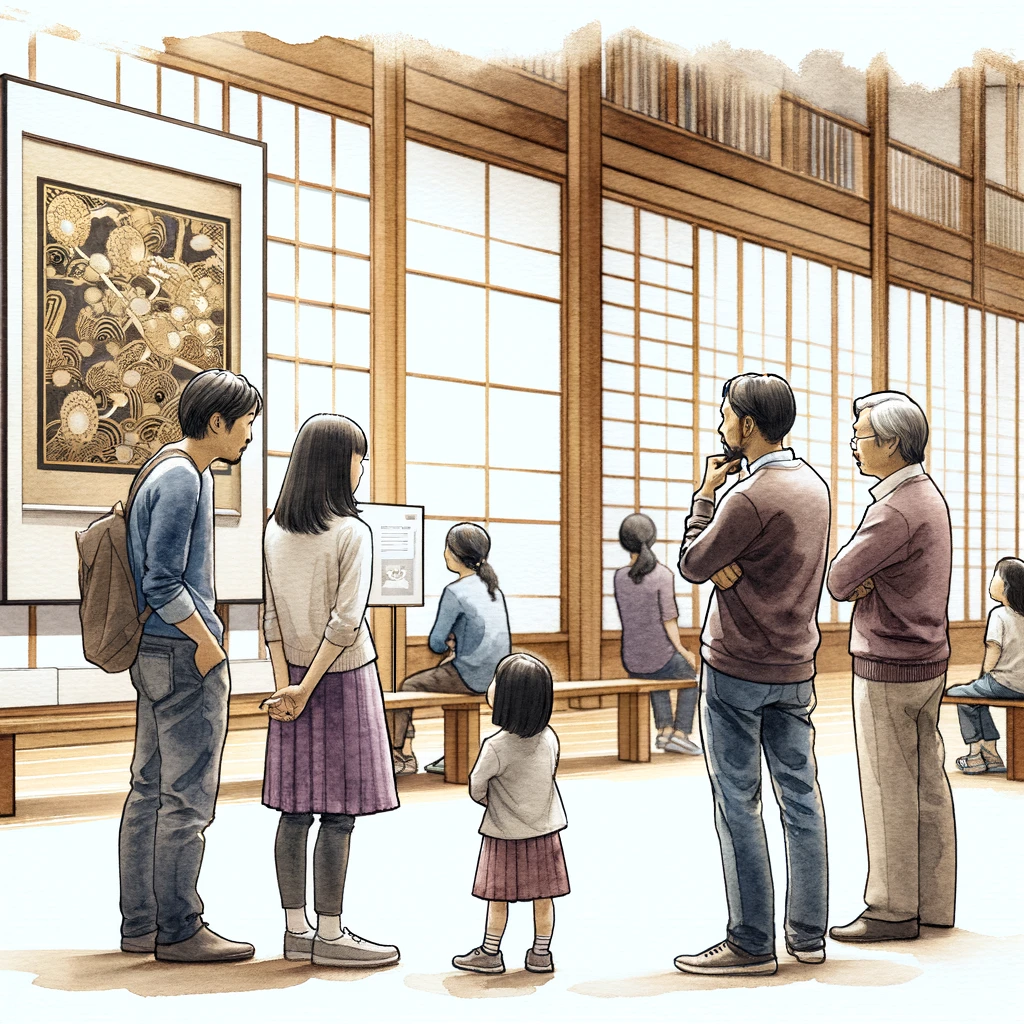 東京国立博物館で美術作品について話し合う家族: 家族が美術作品を前にして考え深い会話を交わしている様子を捉えています。教育的な博物館訪問の側面を強調し、水彩画のスタイルで静かで教育的な雰囲気を描写しています。