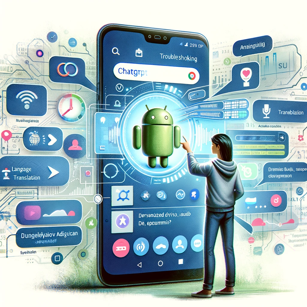 AndroidユーザーがChatGPTの高度な機能とトラブルシューティングのヒントを発見し、活用する様子を表す画像