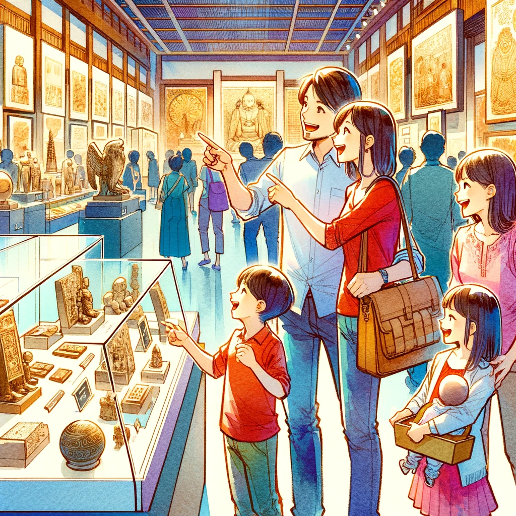 東京国立博物館を訪れて楽しむ家族の様子: 親子で歴史や文化の展示を見て回り、子供たちが好奇心旺盛に様々な展示品を眺めています。水彩画の優しいタッチが、家族の温かい雰囲気と博物館の静かな環境を表現しています。