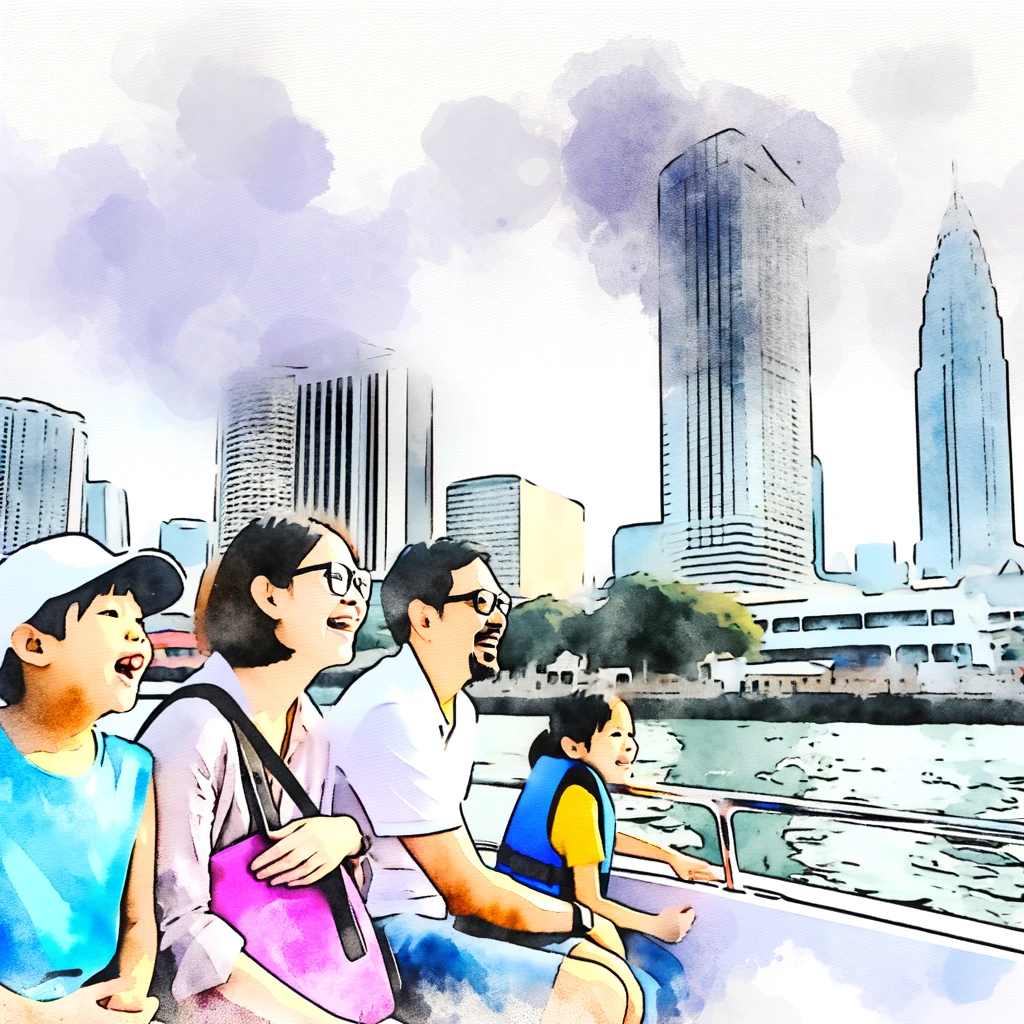 ボートクルーズを楽しむ家族: 「水上から都市のスカイラインを眺める家族のボートクルーズの冒険」