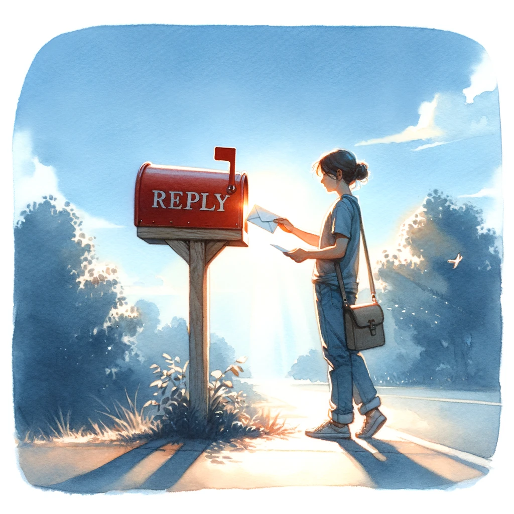 人物が青い空の下、赤い郵便ポストに返信用封筒を投函している、平和な雰囲気の水彩画風のイラストです。