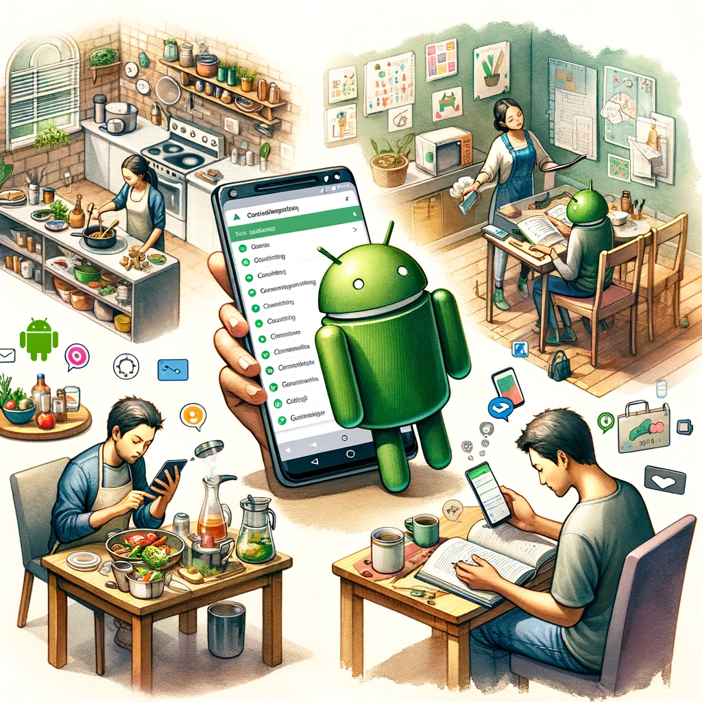 Androidデバイスを使用して料理、学習、計画など、日常生活のさまざまなシナリオでChatGPTを活用するシーンを描いた画像