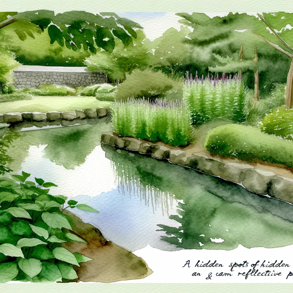 東京ドイツ村の隠れた静かな場所、平和なハーブガーデンや静かな池を捉えた水彩画