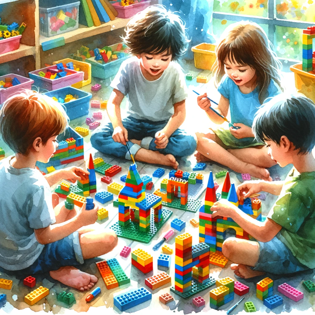 レゴブロックで遊ぶ子供たち: 「カラフルなレゴブロックで創造的に遊ぶ子供たち」