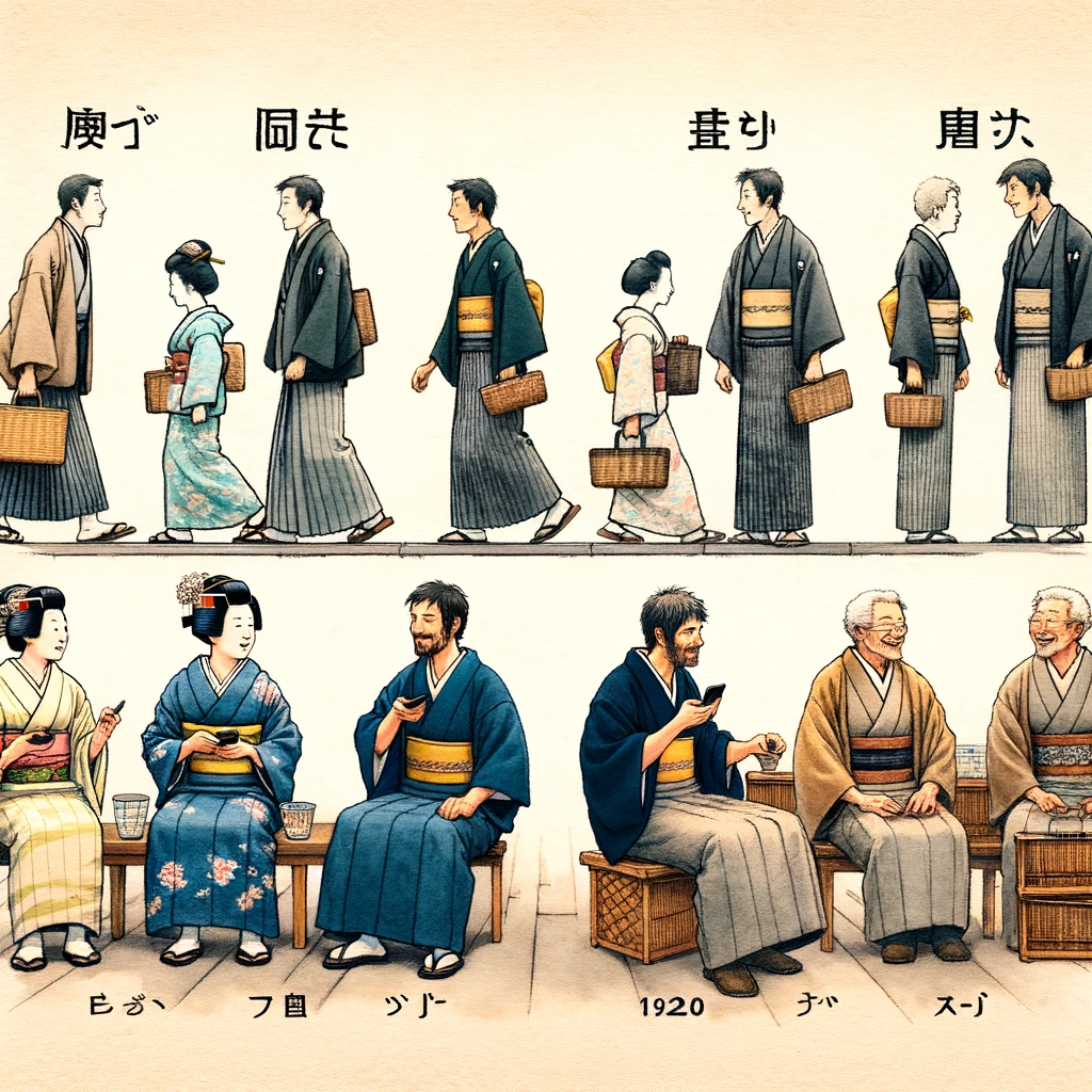 江戸時代の日本を舞台にしたシーンで、人々が「宜しく」と「よろしく」のフレーズを使っている様子を描いています。時間の経過とともにこれらのフレーズがどのように進化したかが示されており、一方では初期のよりフォーマルな使用が、もう一方では現代のカジュアルな使用が表現されています。キャラクターは江戸時代の伝統的な衣装を身に着け、時代の典型的な活動に従事しています。古から新への移行はスムーズで理解しやすいです。