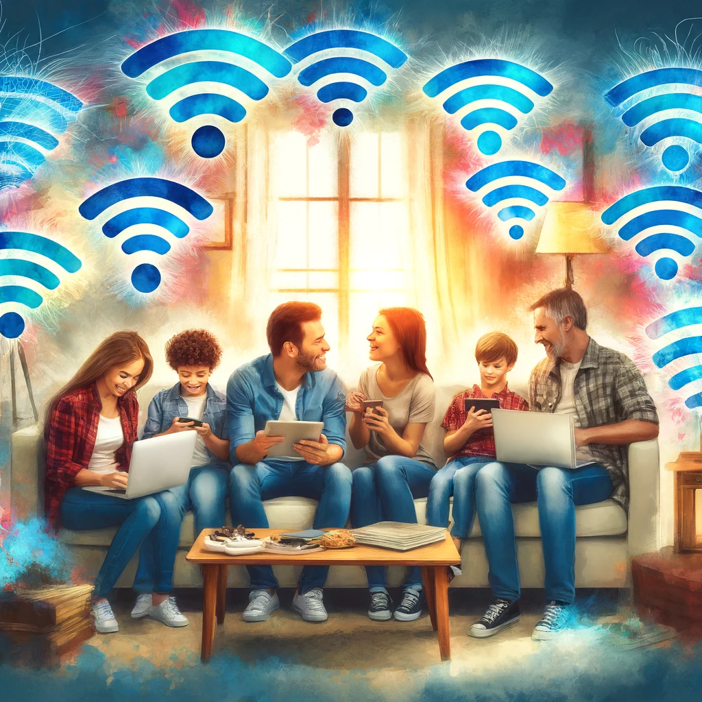 幸せな家族が強いWi-Fi接続を楽しむ