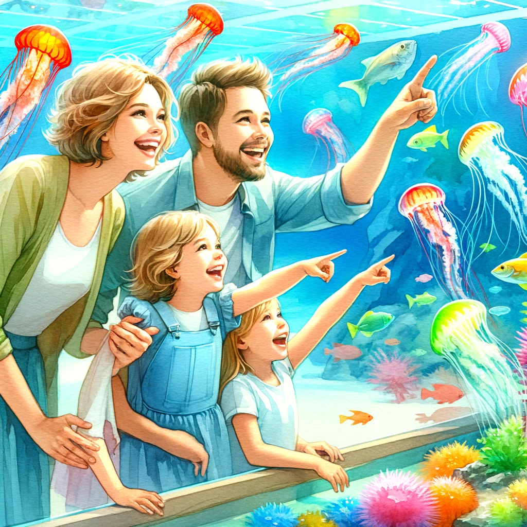 水族館で楽しむ家族: 「水族館でカラフルな海の生物を見つめる喜びに満ちた家族」