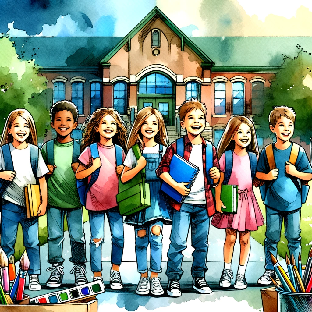 中学校の始まりにわくわくしている子供たちが、新しい学校用品を持ちながら学校の前で立っています。
